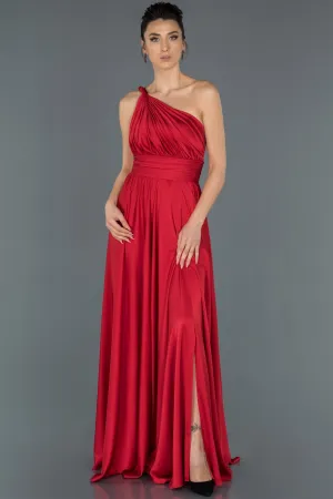 17010 Red One Shoulder Draped Slit Satin Dress