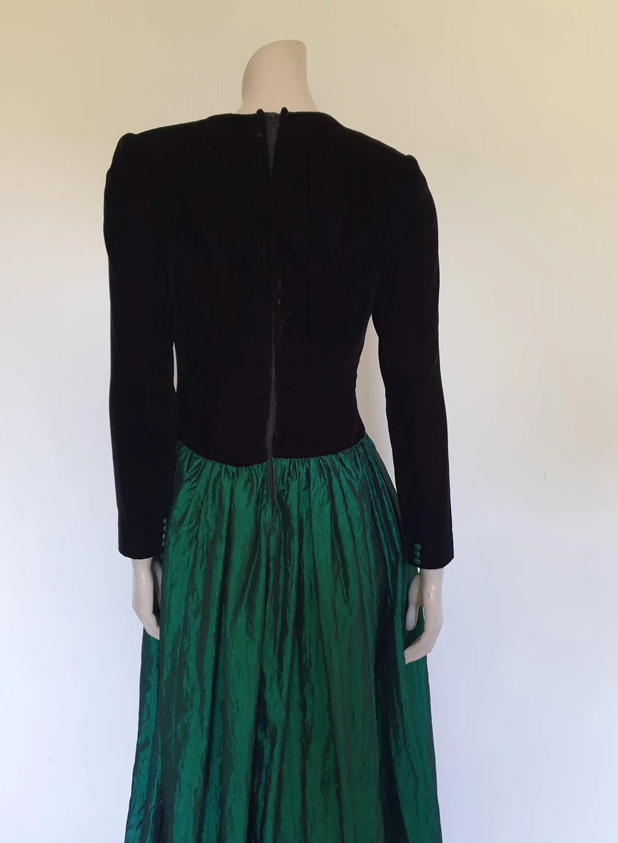 1980s Prom Dress - Black and Green - Velvet & Taffeta - S