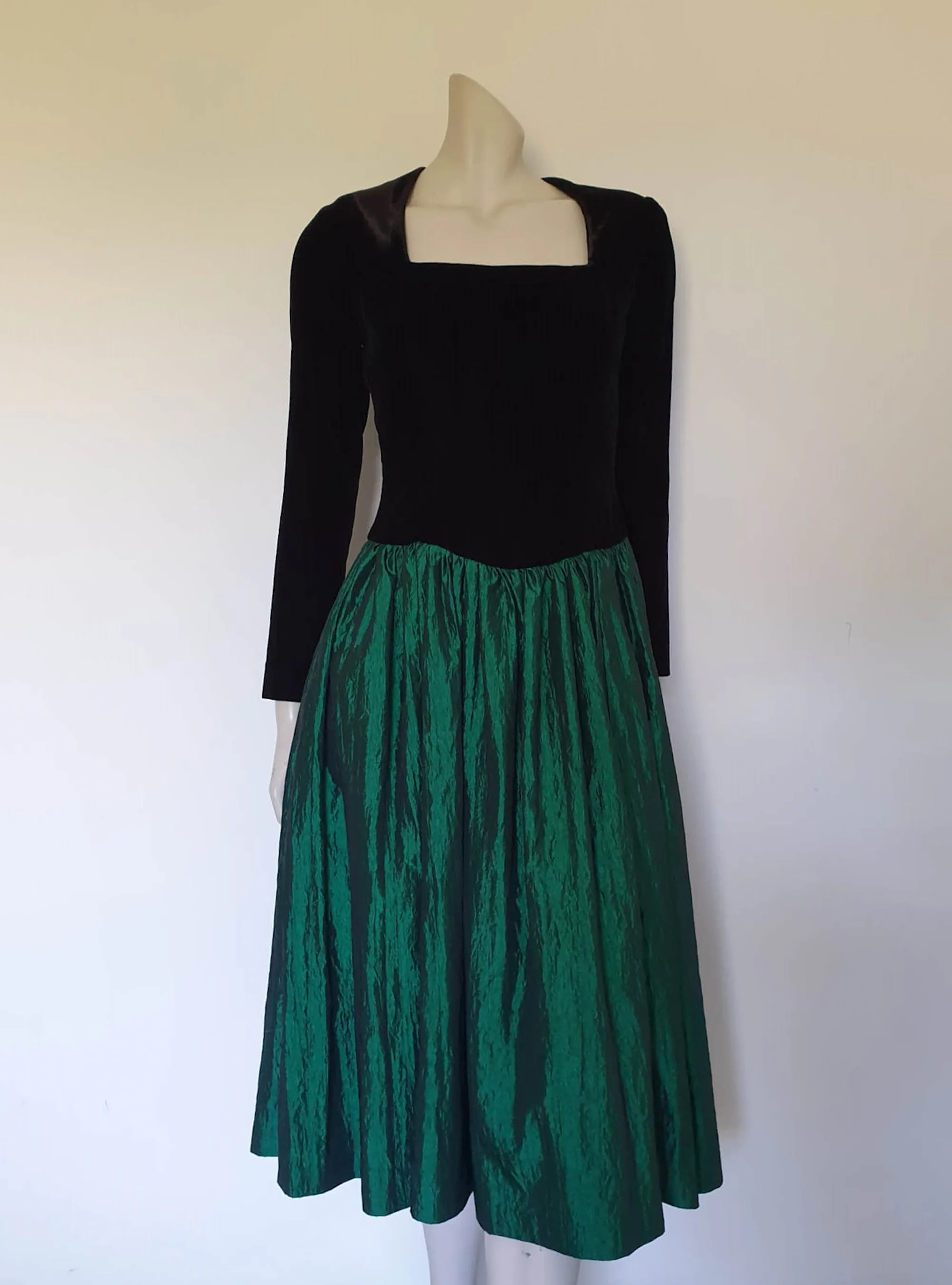 1980s Prom Dress - Black and Green - Velvet & Taffeta - S