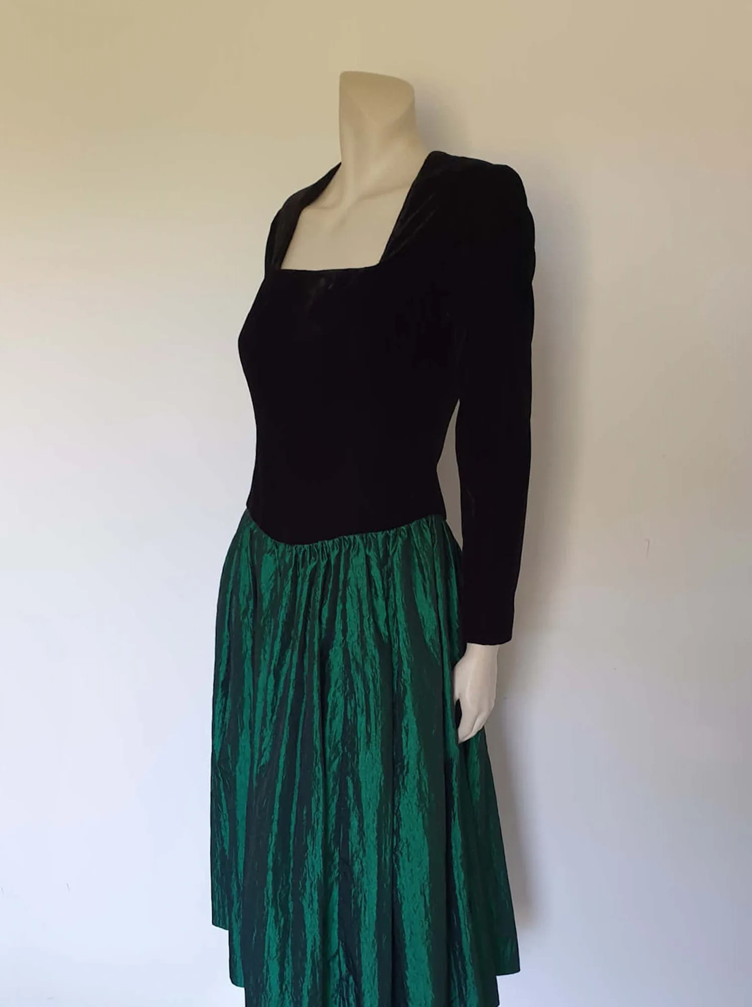 1980s Prom Dress - Black and Green - Velvet & Taffeta - S