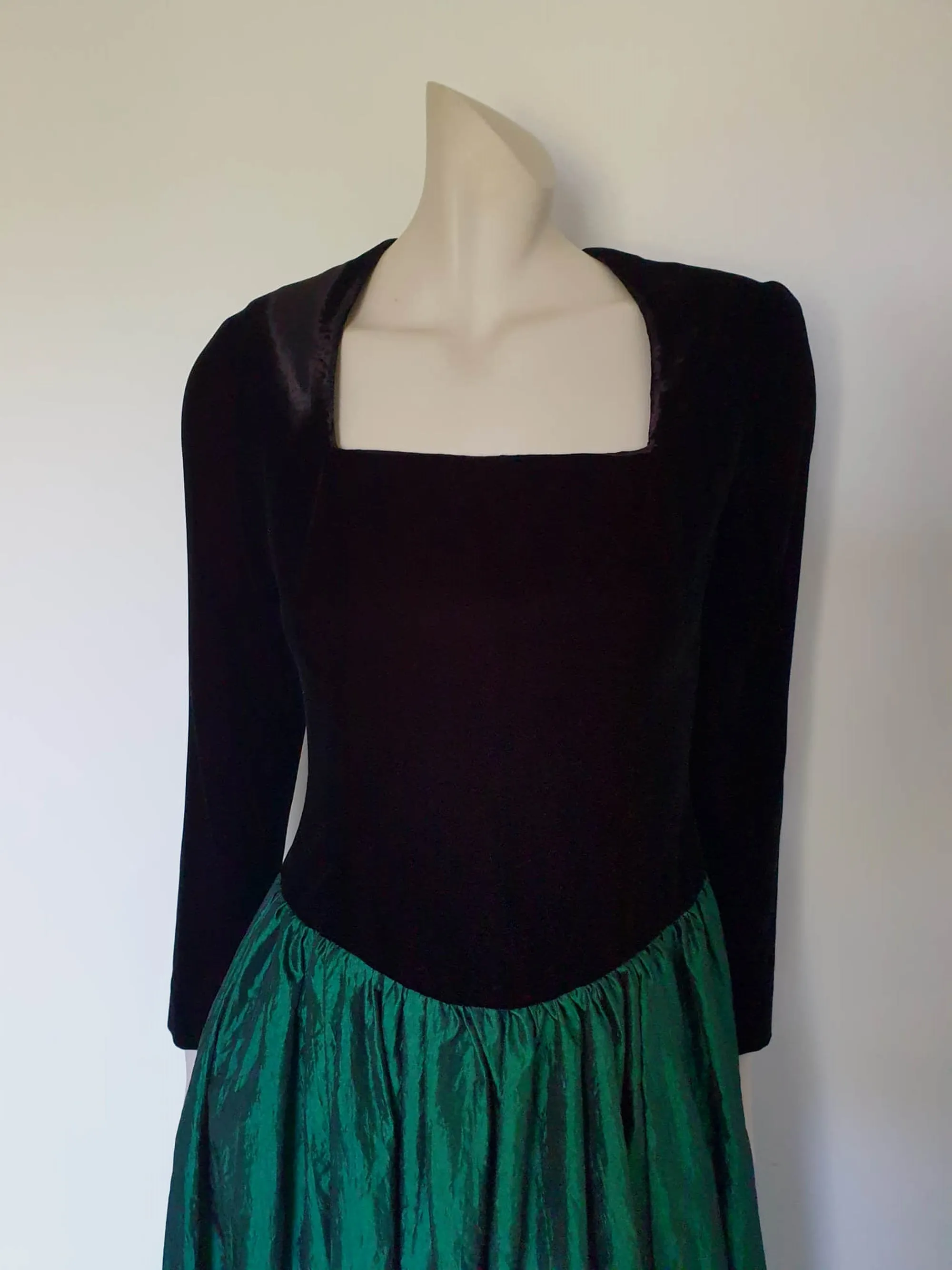 1980s Prom Dress - Black and Green - Velvet & Taffeta - S