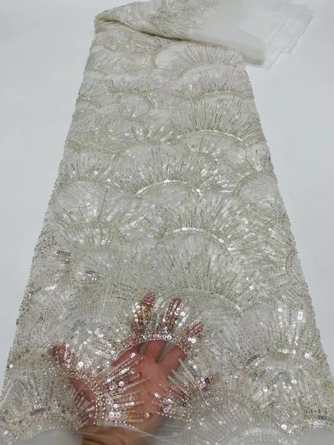 5 YARDS / 14 COLORS / Leah Abstract Swirl Sequin Beaded Embroidery Glitter Mesh Lace  Party Prom Bridal Dress Fabric