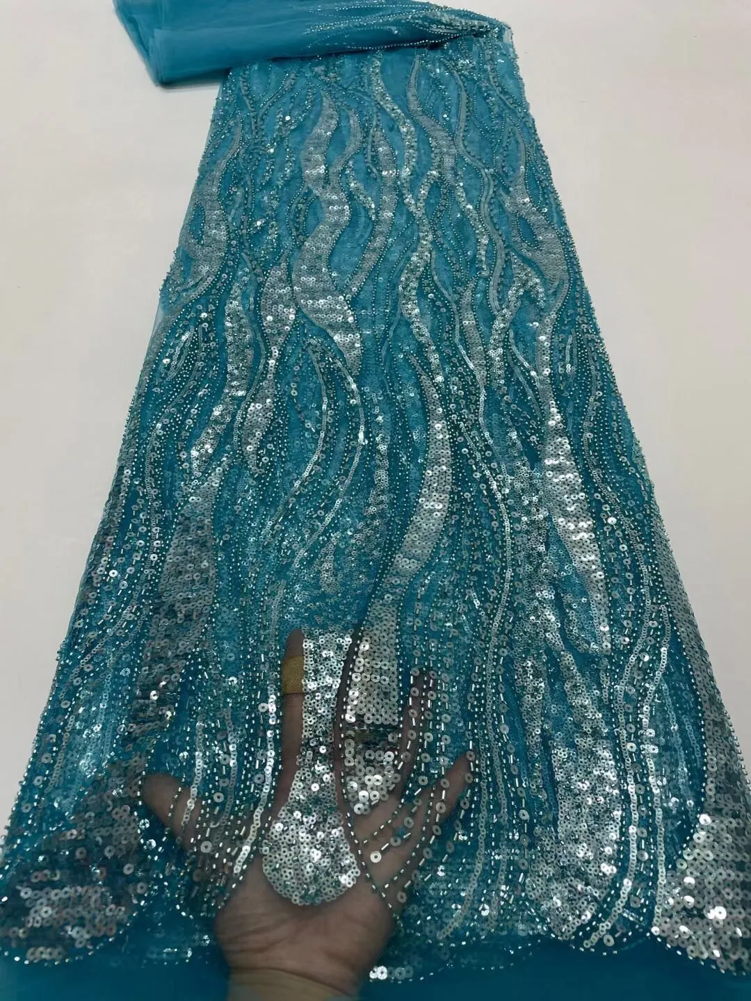 5 YARDS / 14 COLORS / Leah Abstract Swirl Sequin Beaded Embroidery Glitter Mesh Lace  Party Prom Bridal Dress Fabric