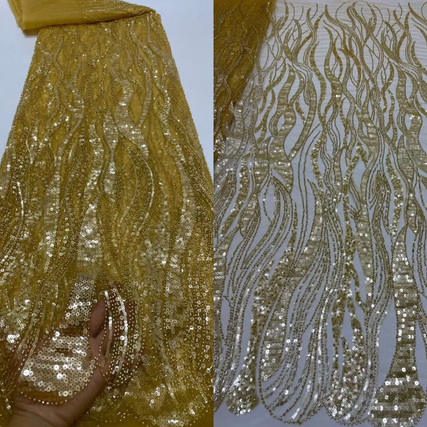 5 YARDS / 14 COLORS / Leah Abstract Swirl Sequin Beaded Embroidery Glitter Mesh Lace  Party Prom Bridal Dress Fabric