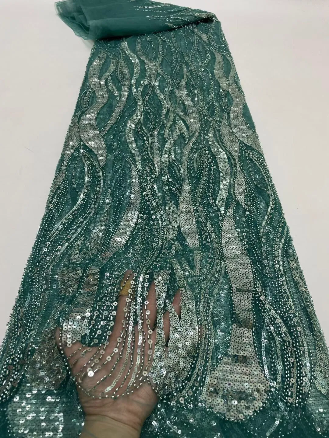 5 YARDS / 14 COLORS / Leah Abstract Swirl Sequin Beaded Embroidery Glitter Mesh Lace  Party Prom Bridal Dress Fabric