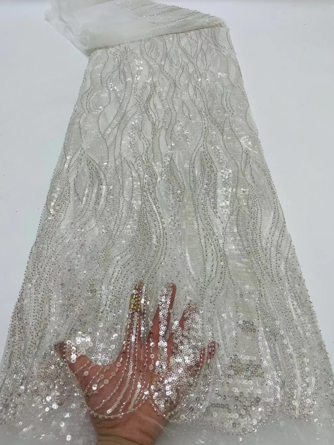 5 YARDS / 14 COLORS / Leah Abstract Swirl Sequin Beaded Embroidery Glitter Mesh Lace  Party Prom Bridal Dress Fabric
