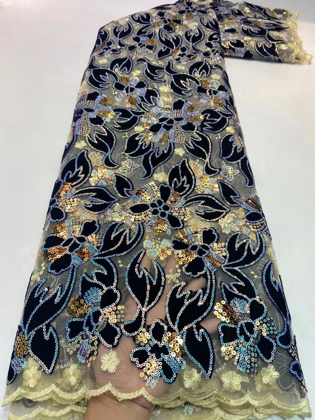 5 YARDS / 5 COLORS / Camelia Flower Velvet Glitter Sequin Beaded Embroidery Tulle Mesh Lace Party Prom Bridal Dress Fabric