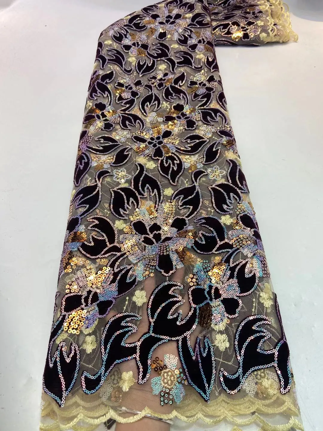 5 YARDS / 5 COLORS / Camelia Flower Velvet Glitter Sequin Beaded Embroidery Tulle Mesh Lace Party Prom Bridal Dress Fabric