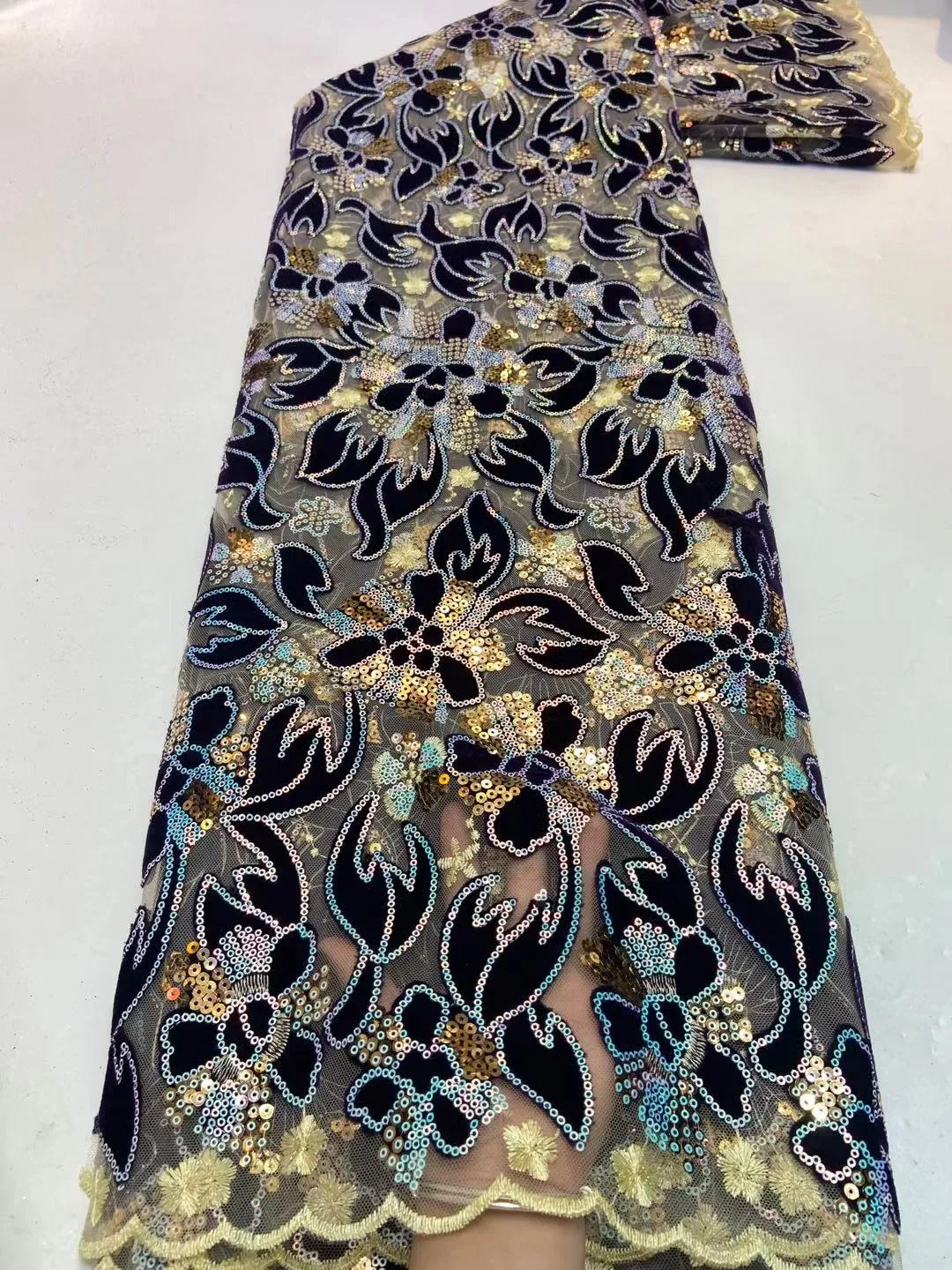 5 YARDS / 5 COLORS / Camelia Flower Velvet Glitter Sequin Beaded Embroidery Tulle Mesh Lace Party Prom Bridal Dress Fabric