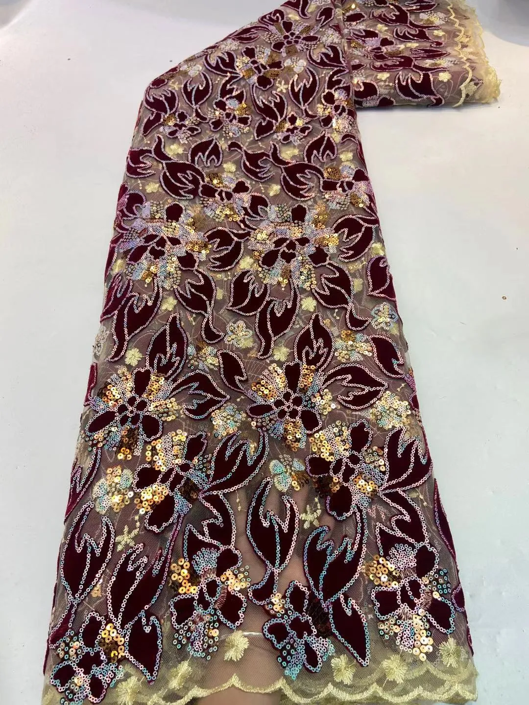 5 YARDS / 5 COLORS / Camelia Flower Velvet Glitter Sequin Beaded Embroidery Tulle Mesh Lace Party Prom Bridal Dress Fabric