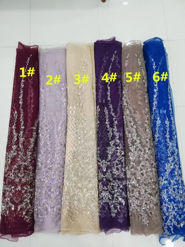 5 YARDS / 6 COLORS / Floral Beaded Embroidery Glitter Mesh Lace  Party Prom Bridal Dress Fabric