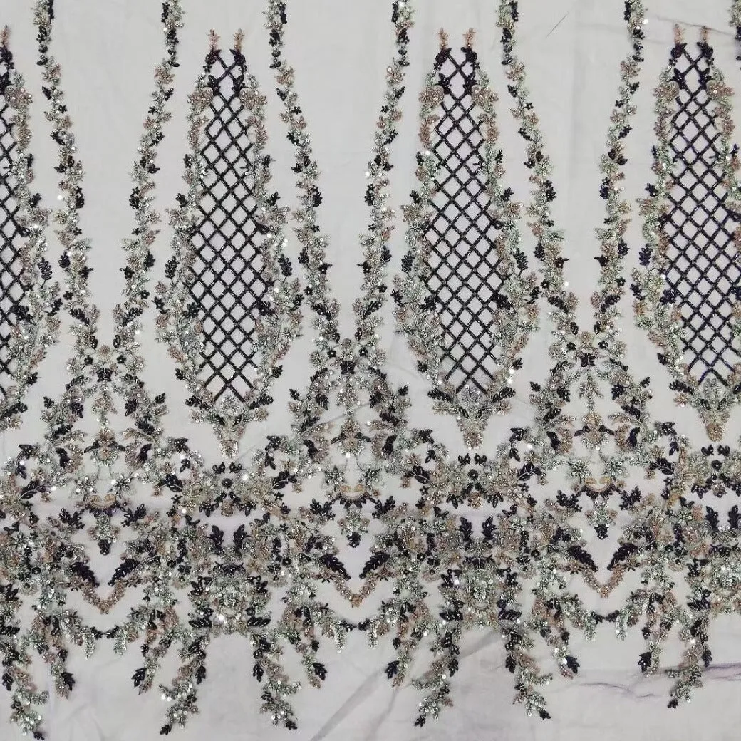 5 YARDS / 6 COLORS / Floral Beaded Embroidery Glitter Mesh Lace  Party Prom Bridal Dress Fabric