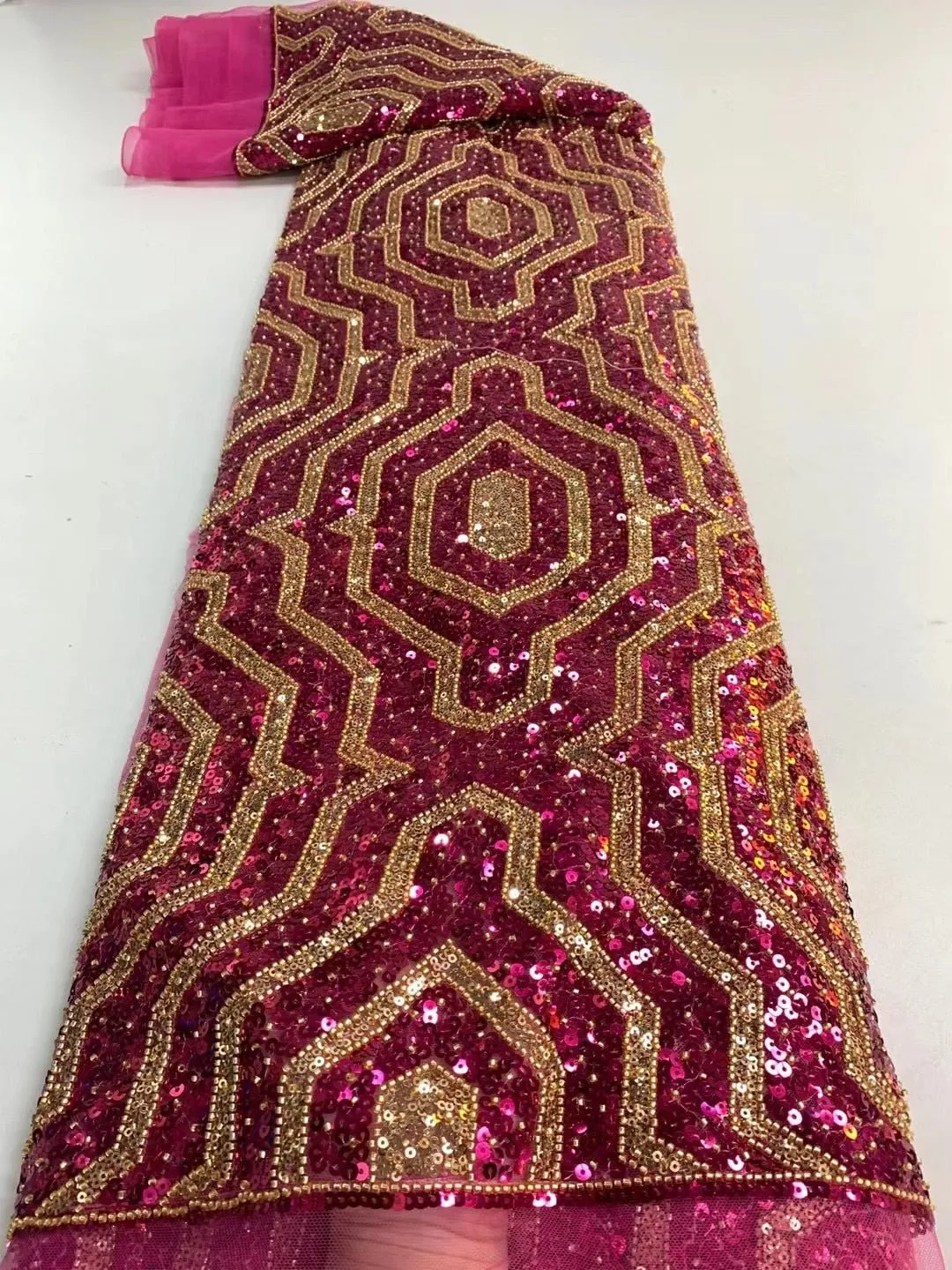 5 YARDS / 6 COLORS / Inés Contrasting Geometric Glitter Sequin Beaded Embroidery Tulle Mesh Lace Party Prom Bridal Dress Fabric