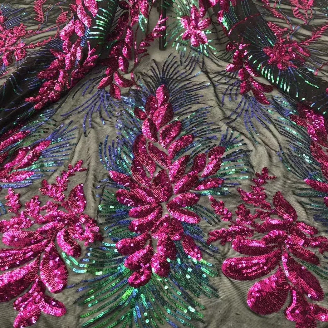 5 YARDS / 6 COLORS / Leia Floral Glitter Sequin Beaded Embroidery Tulle Mesh Lace Party Prom Bridal Dress Fabric