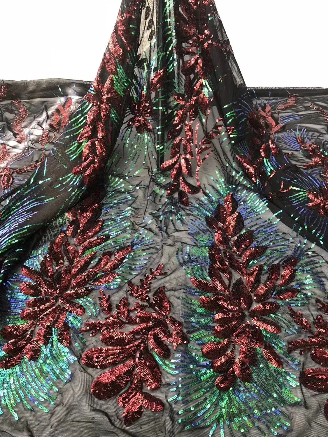 5 YARDS / 6 COLORS / Leia Floral Glitter Sequin Beaded Embroidery Tulle Mesh Lace Party Prom Bridal Dress Fabric