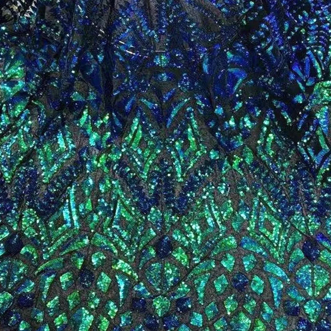 5 YARDS / Amal Iridescent Green Blue Mermaid Sequin Embroidery Tulle Mesh LaceParty Prom Bridal Dress Fabric