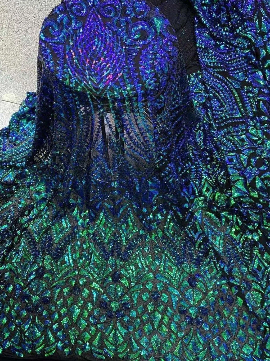 5 YARDS / Amal Iridescent Green Blue Mermaid Sequin Embroidery Tulle Mesh LaceParty Prom Bridal Dress Fabric