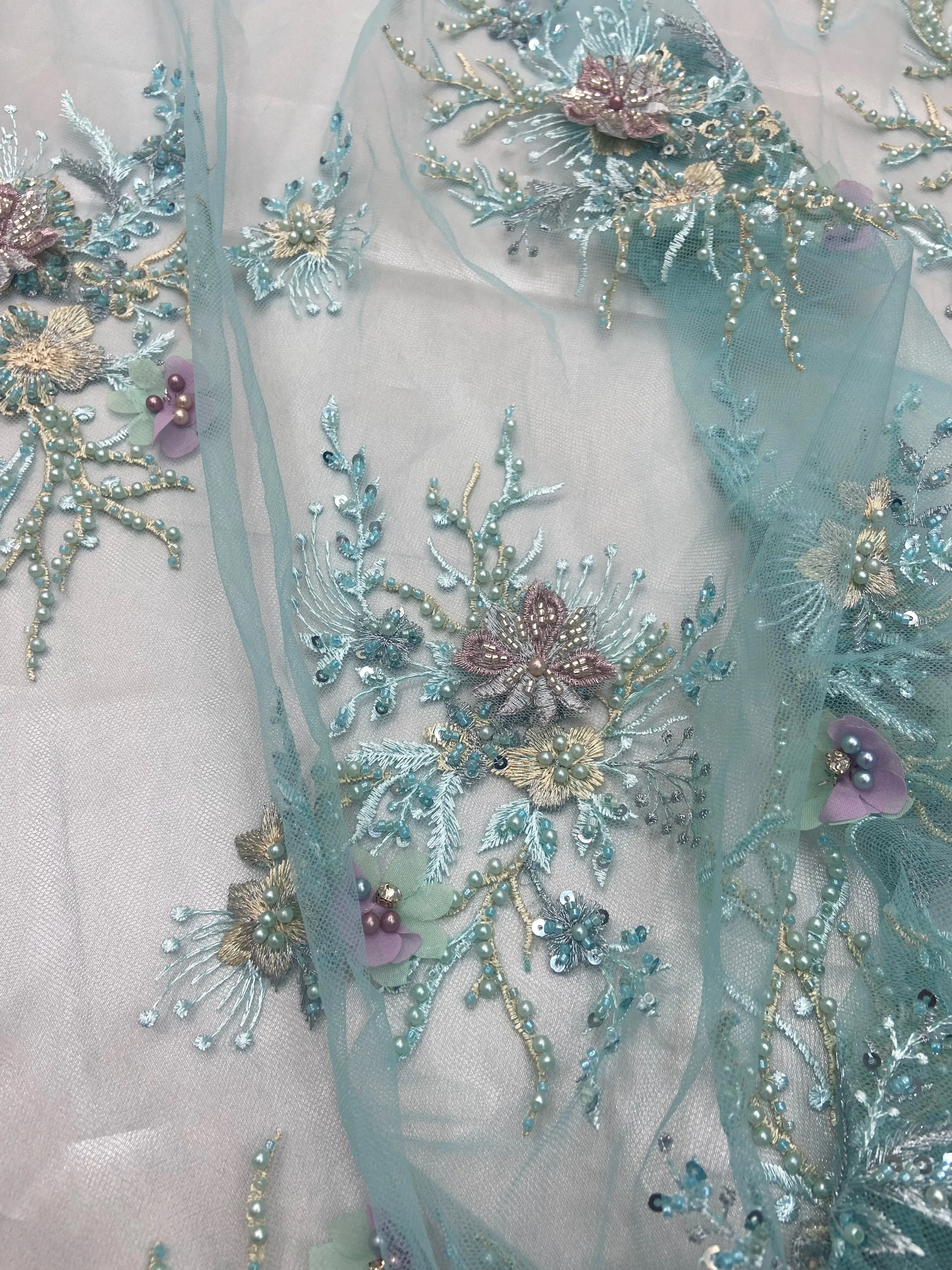 5 YARDS / Balonei Floral Sequin Beaded Embroidery Tulle Mesh Lace Dress Fabric