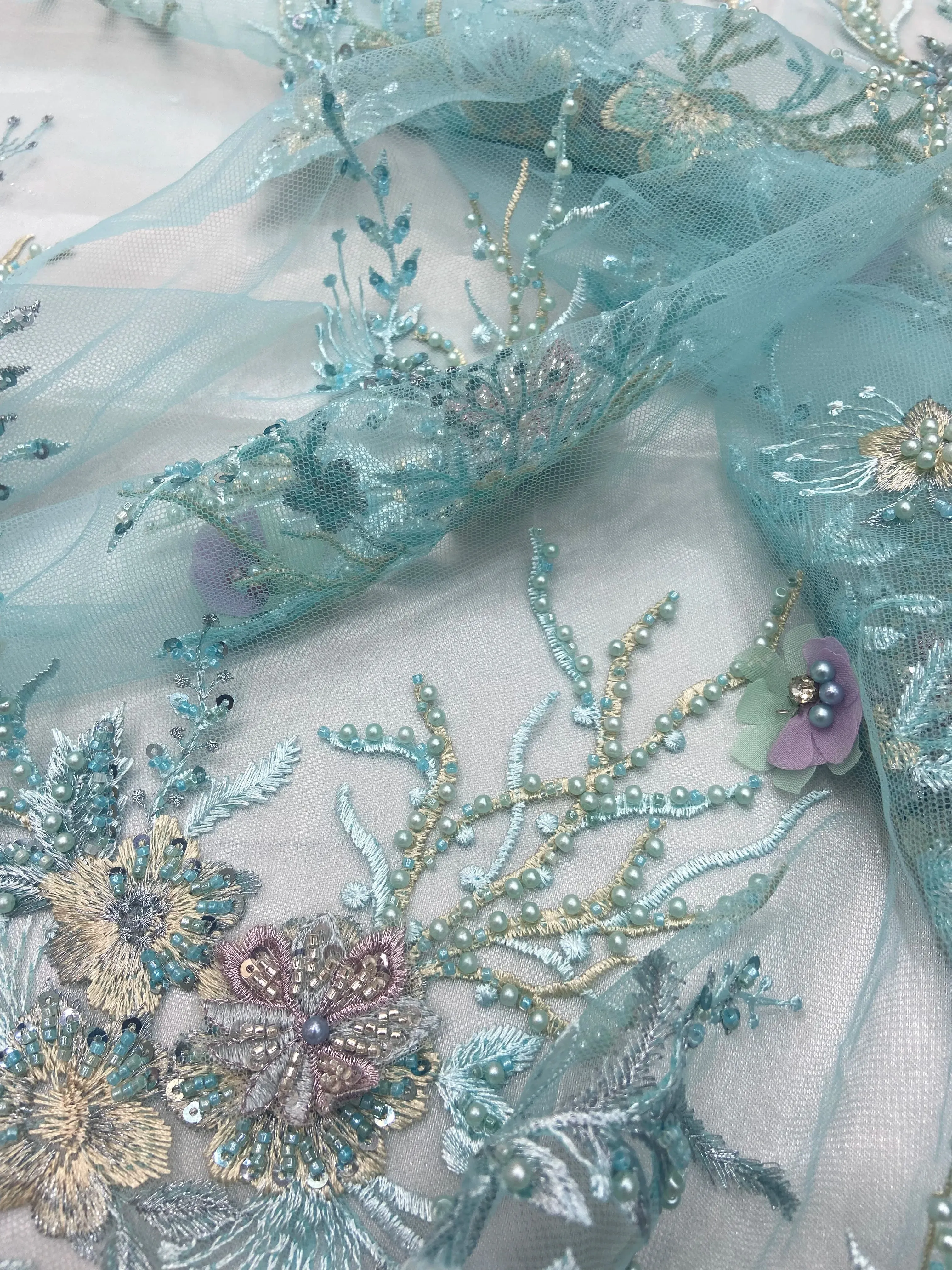 5 YARDS / Balonei Floral Sequin Beaded Embroidery Tulle Mesh Lace Dress Fabric