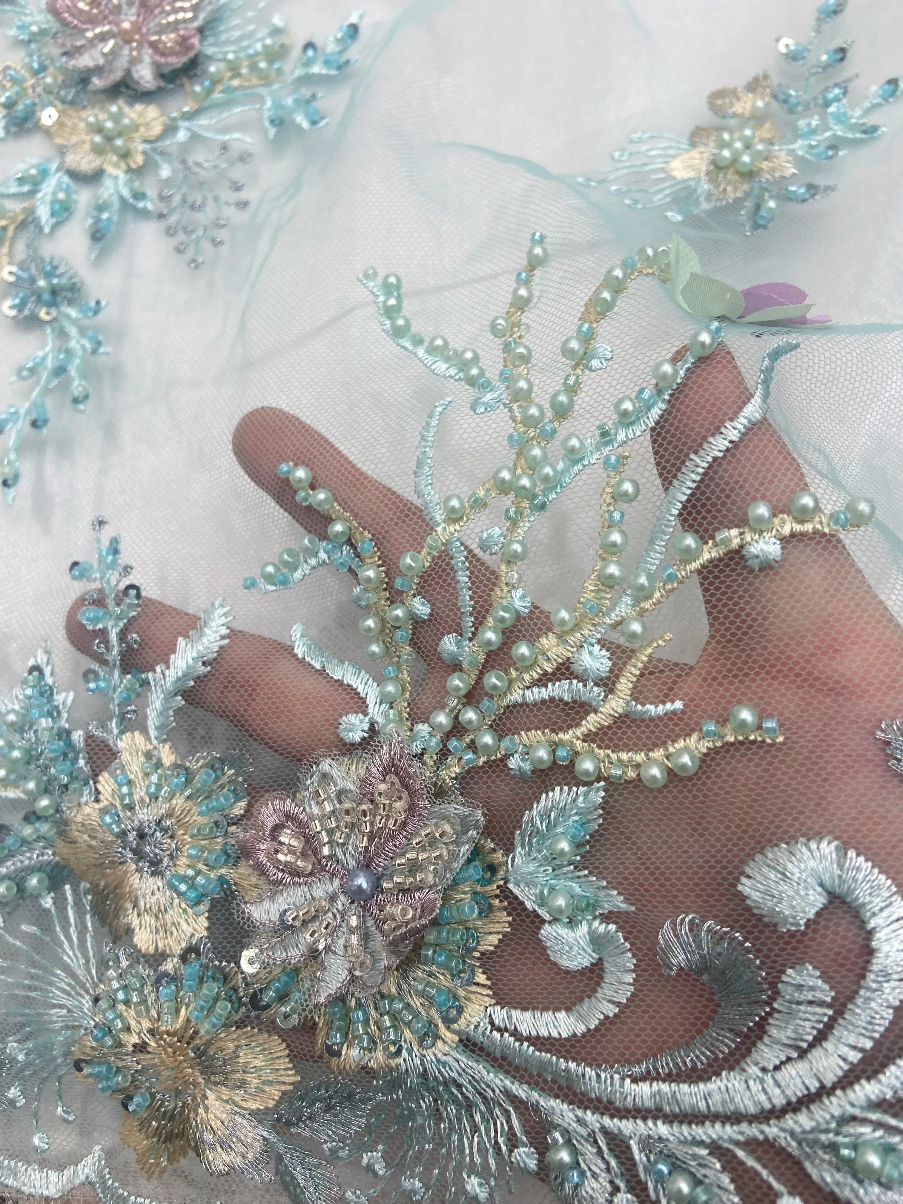 5 YARDS / Balonei Floral Sequin Beaded Embroidery Tulle Mesh Lace Dress Fabric