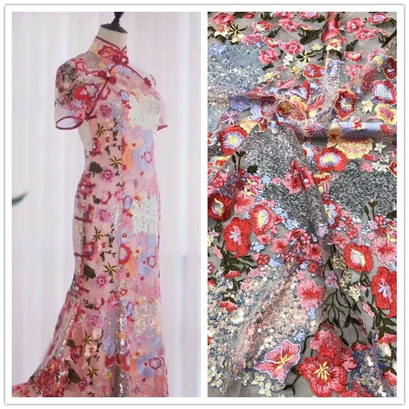5 YARDS / Layanna Pink Red Floral Glitter Sequin Beaded Embroidery Tulle Mesh Lace Party Prom Bridal Dress Fabric