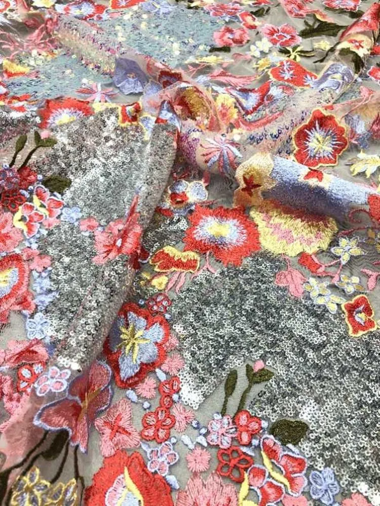 5 YARDS / Layanna Pink Red Floral Glitter Sequin Beaded Embroidery Tulle Mesh Lace Party Prom Bridal Dress Fabric