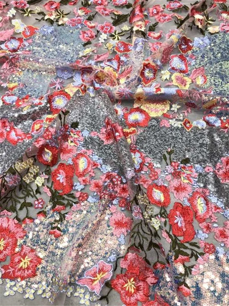 5 YARDS / Layanna Pink Red Floral Glitter Sequin Beaded Embroidery Tulle Mesh Lace Party Prom Bridal Dress Fabric