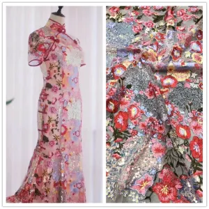 5 YARDS / Layanna Pink Red Floral Glitter Sequin Beaded Embroidery Tulle Mesh Lace Party Prom Bridal Dress Fabric