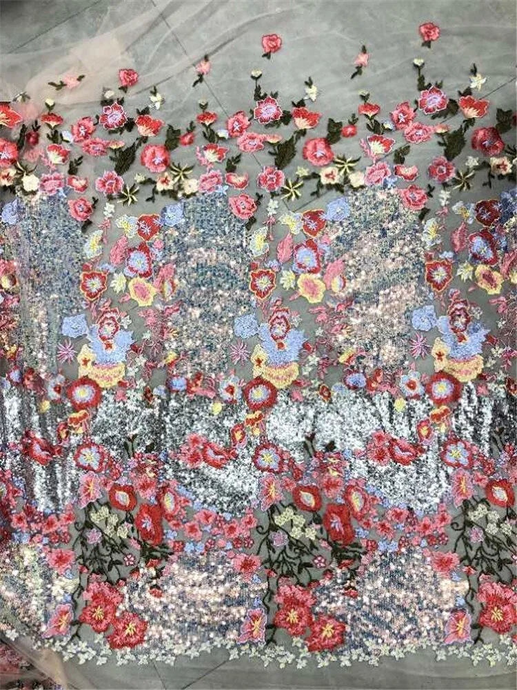5 YARDS / Layanna Pink Red Floral Glitter Sequin Beaded Embroidery Tulle Mesh Lace Party Prom Bridal Dress Fabric