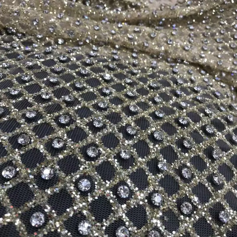 5 YARDS / Perrine Gold Geometric Full Sequin Beaded Embroidery Tulle Mesh Lace Party Prom Bridal Dress Fabric