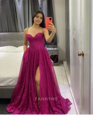A-Line Spaghetti Straps Shiny Fuchsia Straps Long formal dresses Bridesmaid Dresses evening gown Prom Dress
