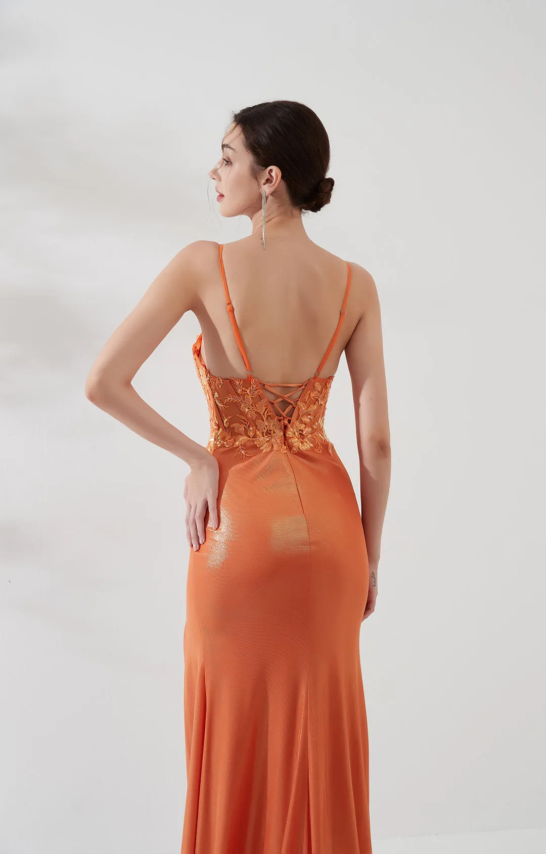 Adjustable Spaghetti Straps V-Neck Sequins Lace-up Floor-length Dress