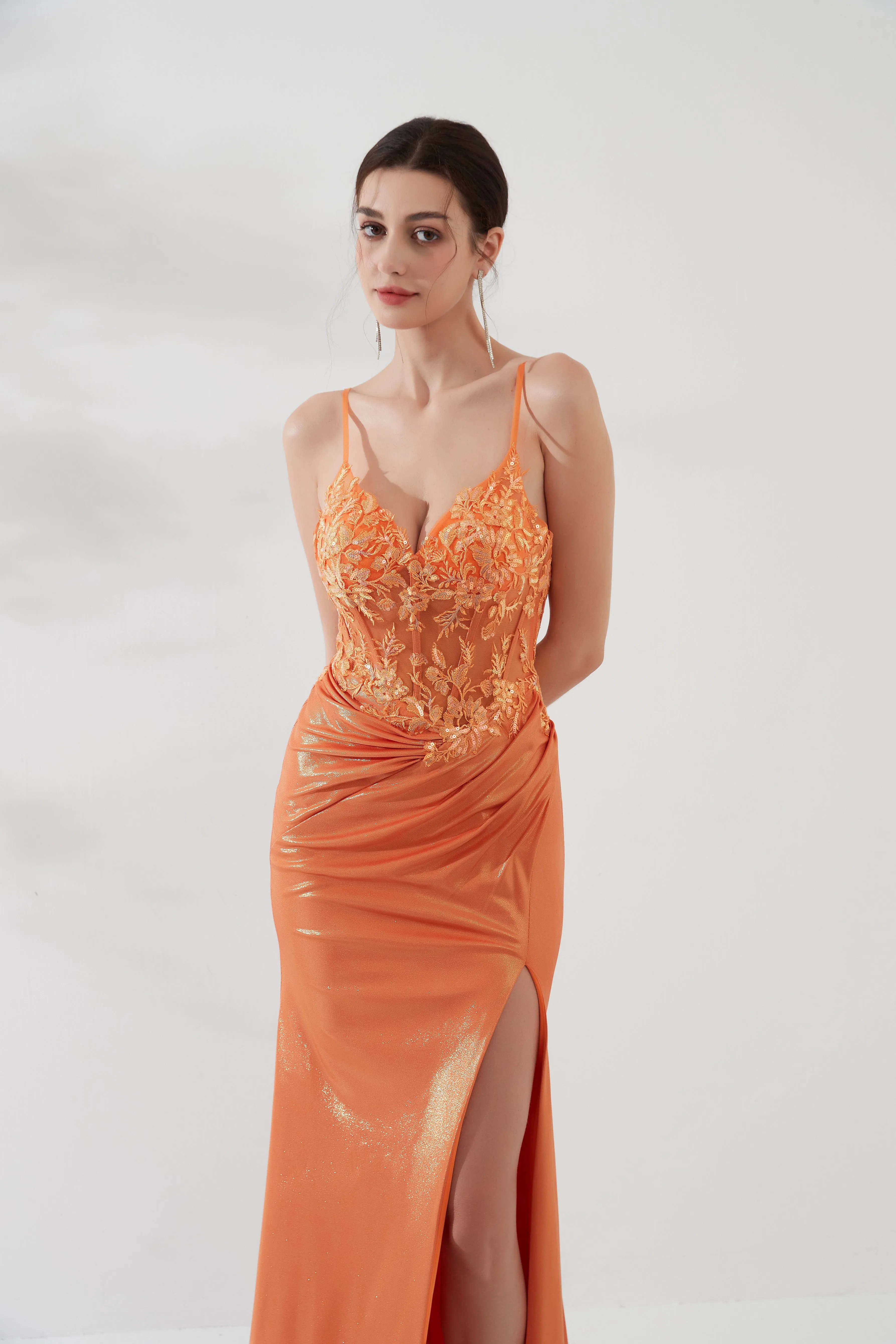 Adjustable Spaghetti Straps V-Neck Sequins Lace-up Floor-length Dress