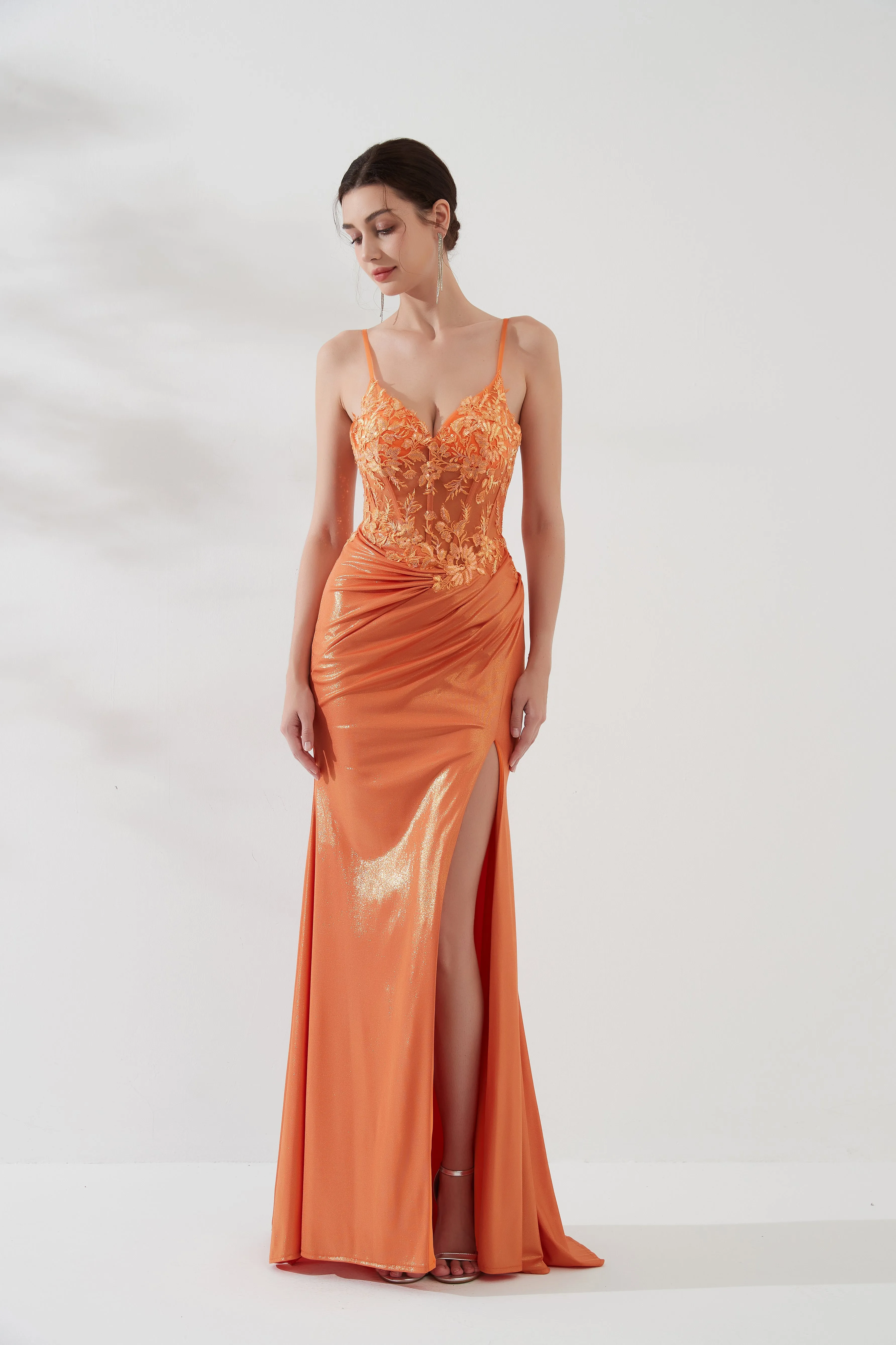 Adjustable Spaghetti Straps V-Neck Sequins Lace-up Floor-length Dress