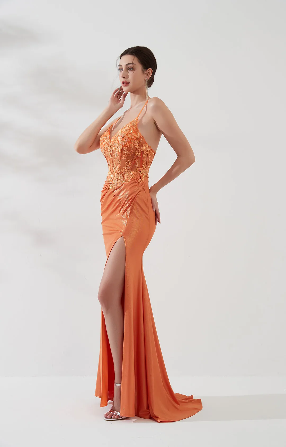 Adjustable Spaghetti Straps V-Neck Sequins Lace-up Floor-length Dress