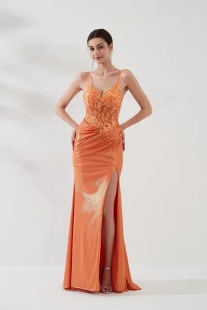 Adjustable Spaghetti Straps V-Neck Sequins Lace-up Floor-length Dress