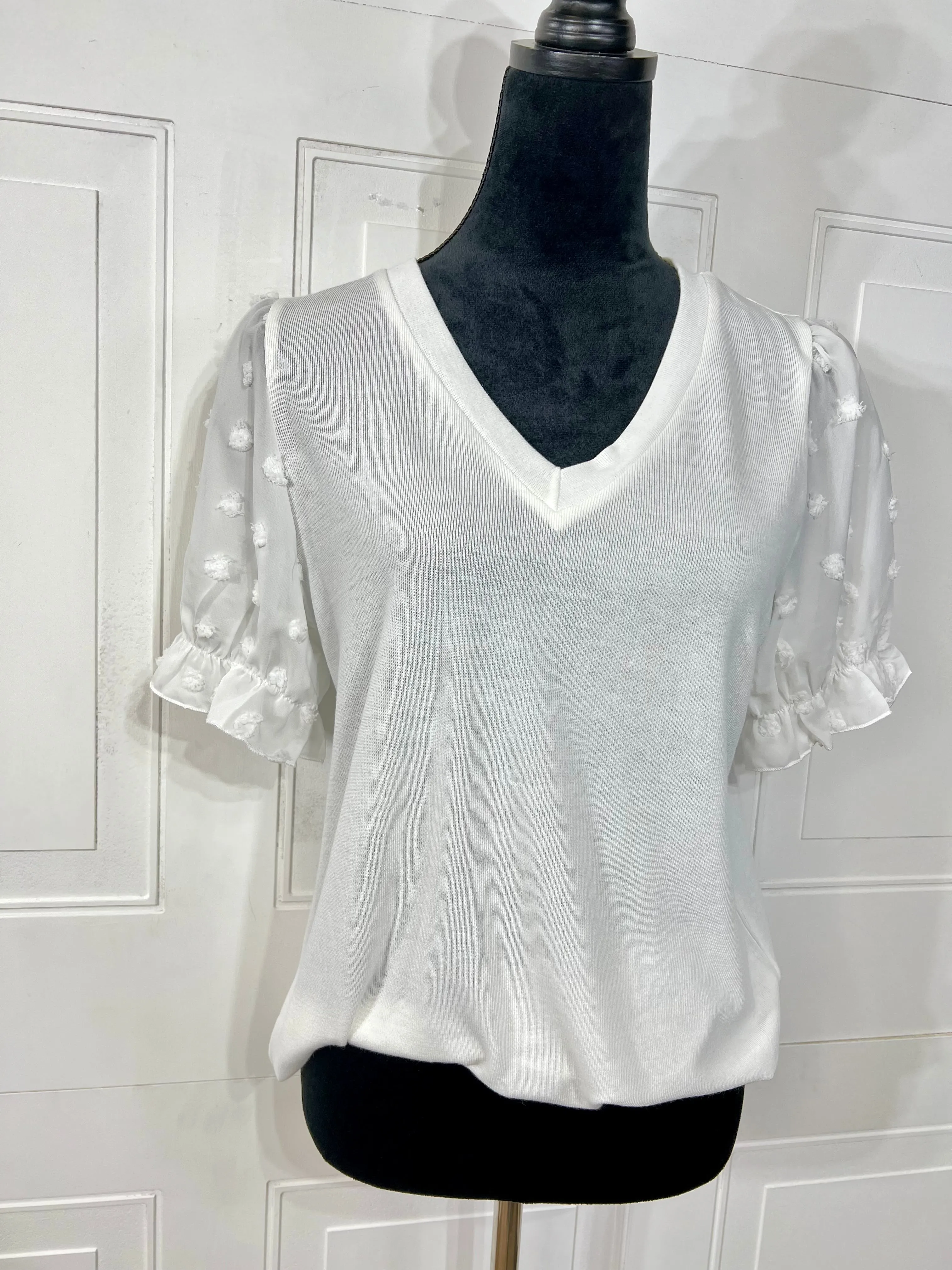 Alexa White Swiss dot short sleeve puff sleeve top stretchy