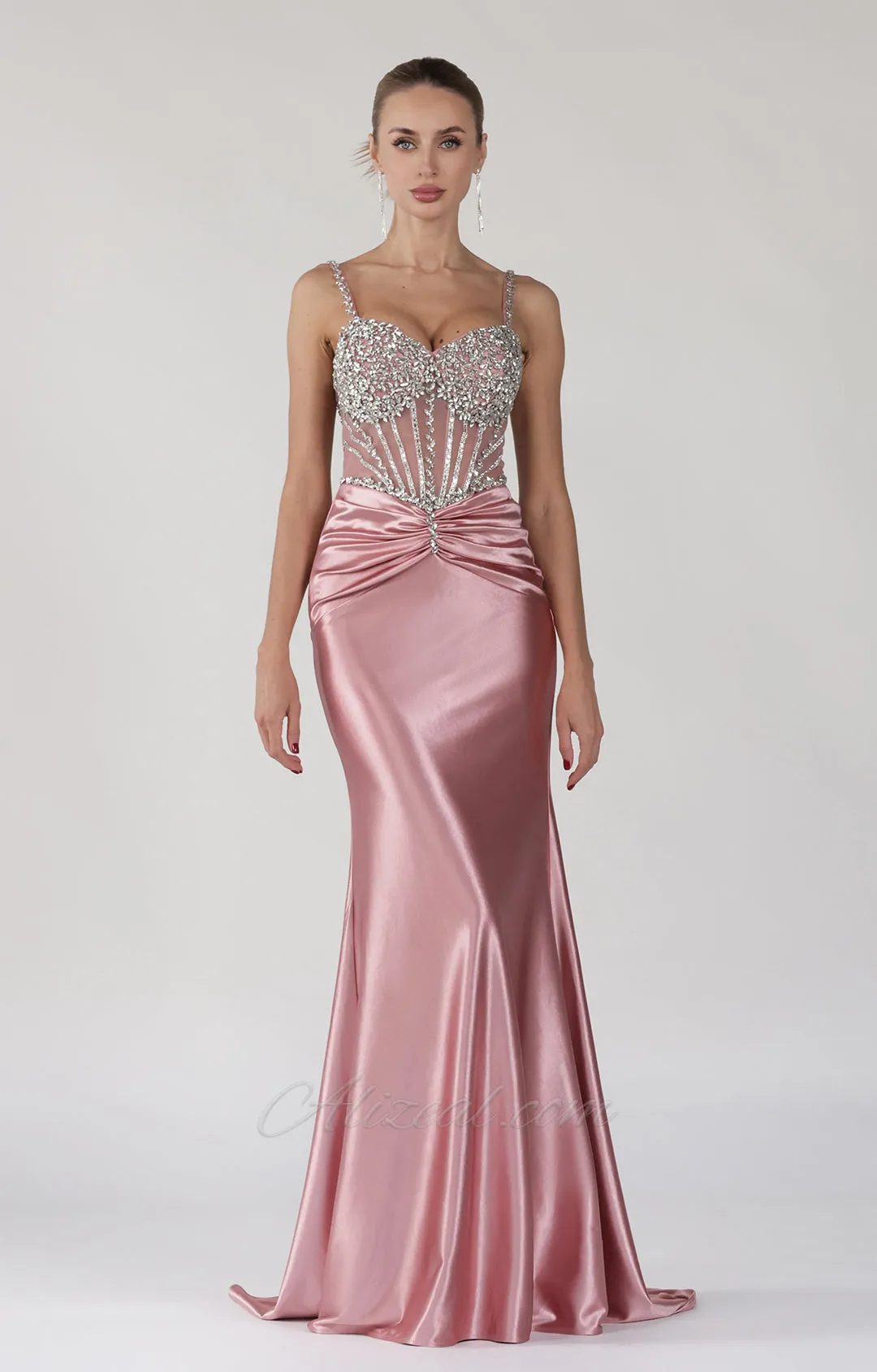 Beaded Sheer Corset Ruched Mermaid Prom Dress