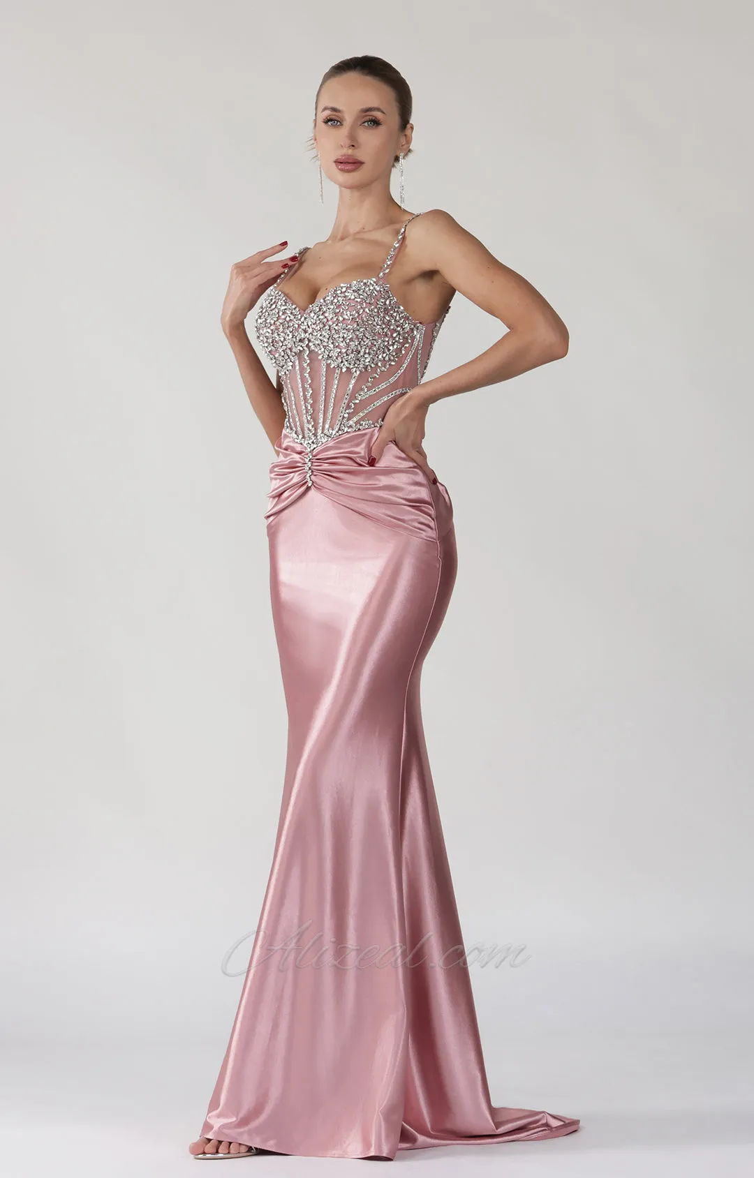 Beaded Sheer Corset Ruched Mermaid Prom Dress