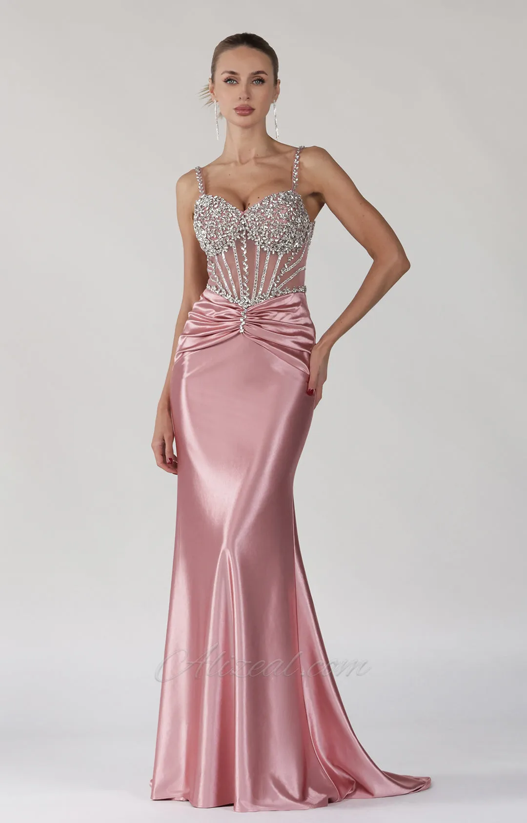 Beaded Sheer Corset Ruched Mermaid Prom Dress