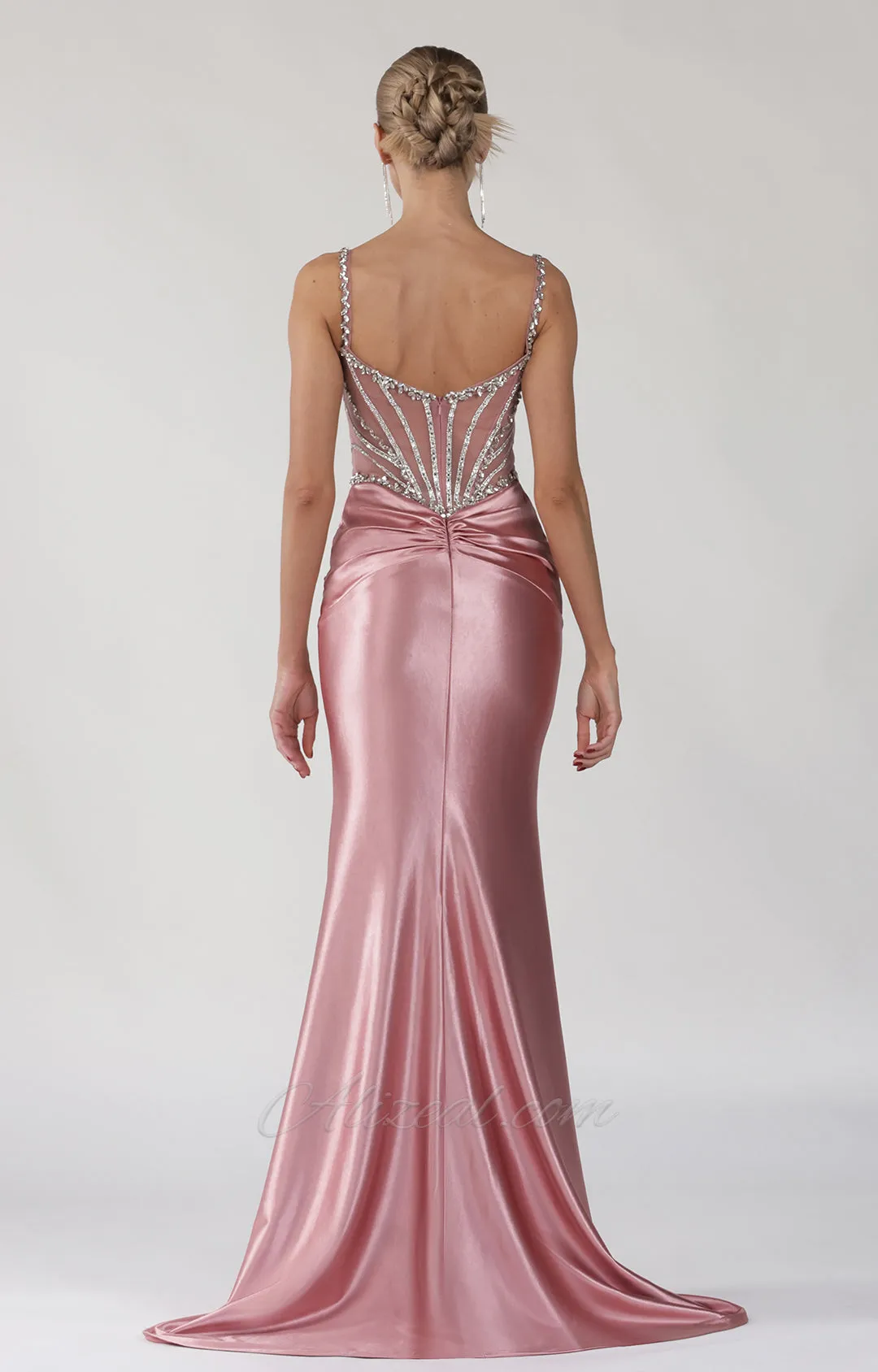 Beaded Sheer Corset Ruched Mermaid Prom Dress