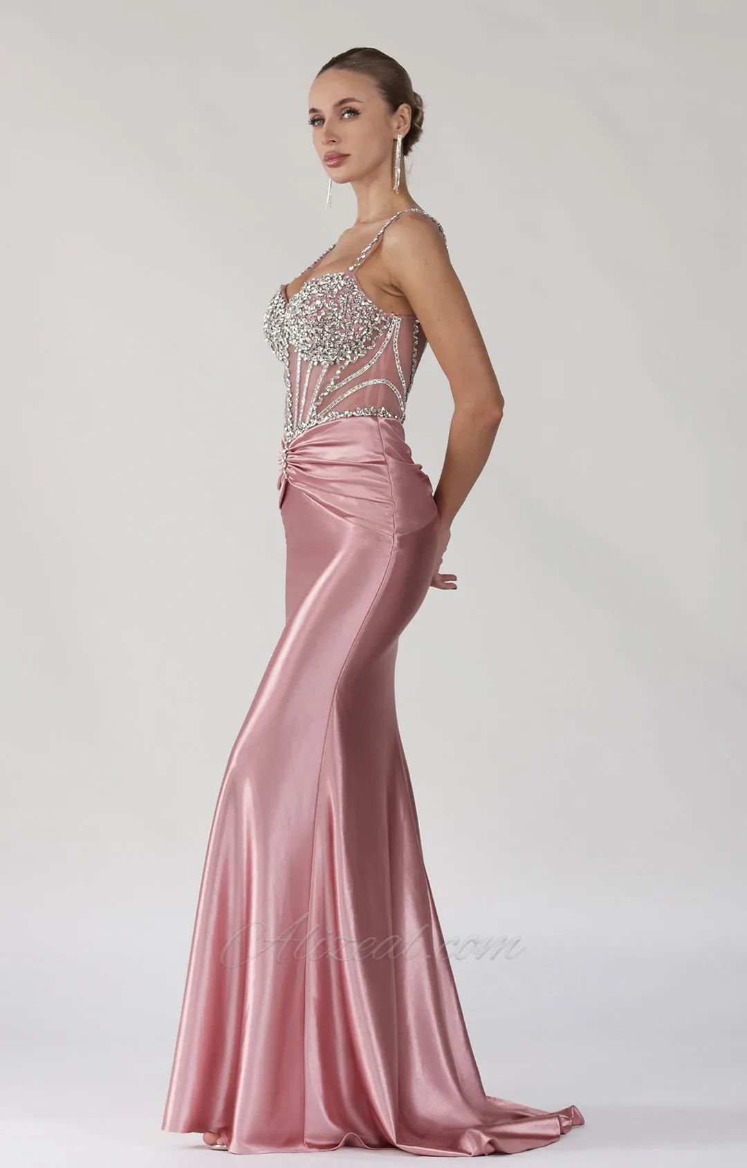Beaded Sheer Corset Ruched Mermaid Prom Dress