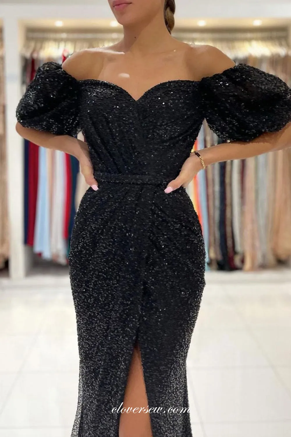 Black Sequined Tulle Off The Shoulder Sheath Side Slit Formal Dresses, CP0845