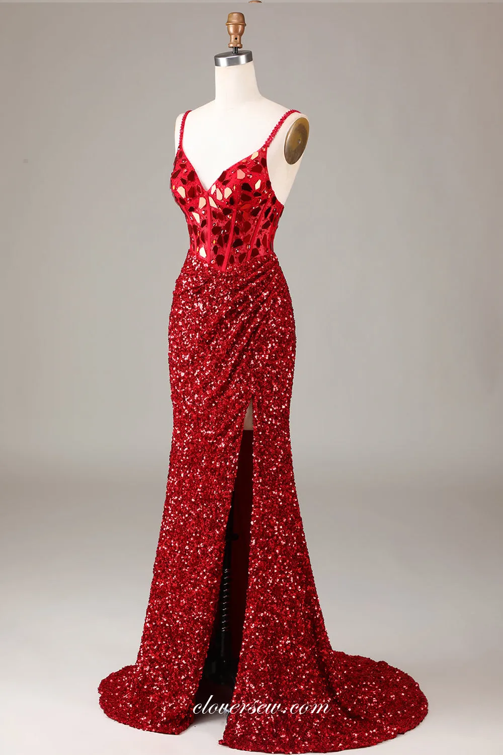 Black Sparkly Rhinestone Sequin Spagehtti Strap V-neck Sheath Slit Prom Dresses, CP1081