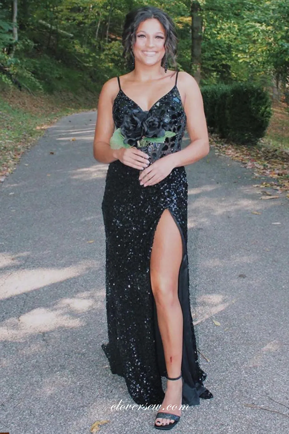 Black Sparkly Rhinestone Sequin Spagehtti Strap V-neck Sheath Slit Prom Dresses, CP1081