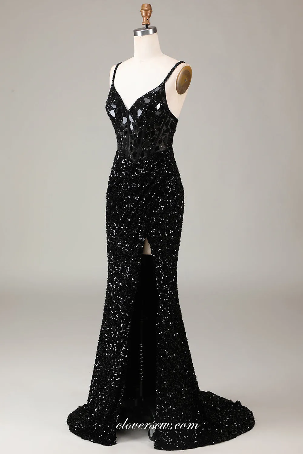 Black Sparkly Rhinestone Sequin Spagehtti Strap V-neck Sheath Slit Prom Dresses, CP1081