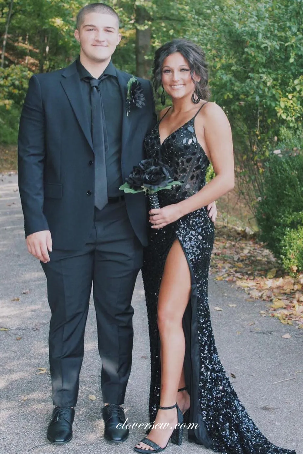 Black Sparkly Rhinestone Sequin Spagehtti Strap V-neck Sheath Slit Prom Dresses, CP1081