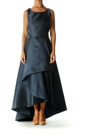 Blue Sleeveless Shiny Round-Neck High-Low Evening Dress