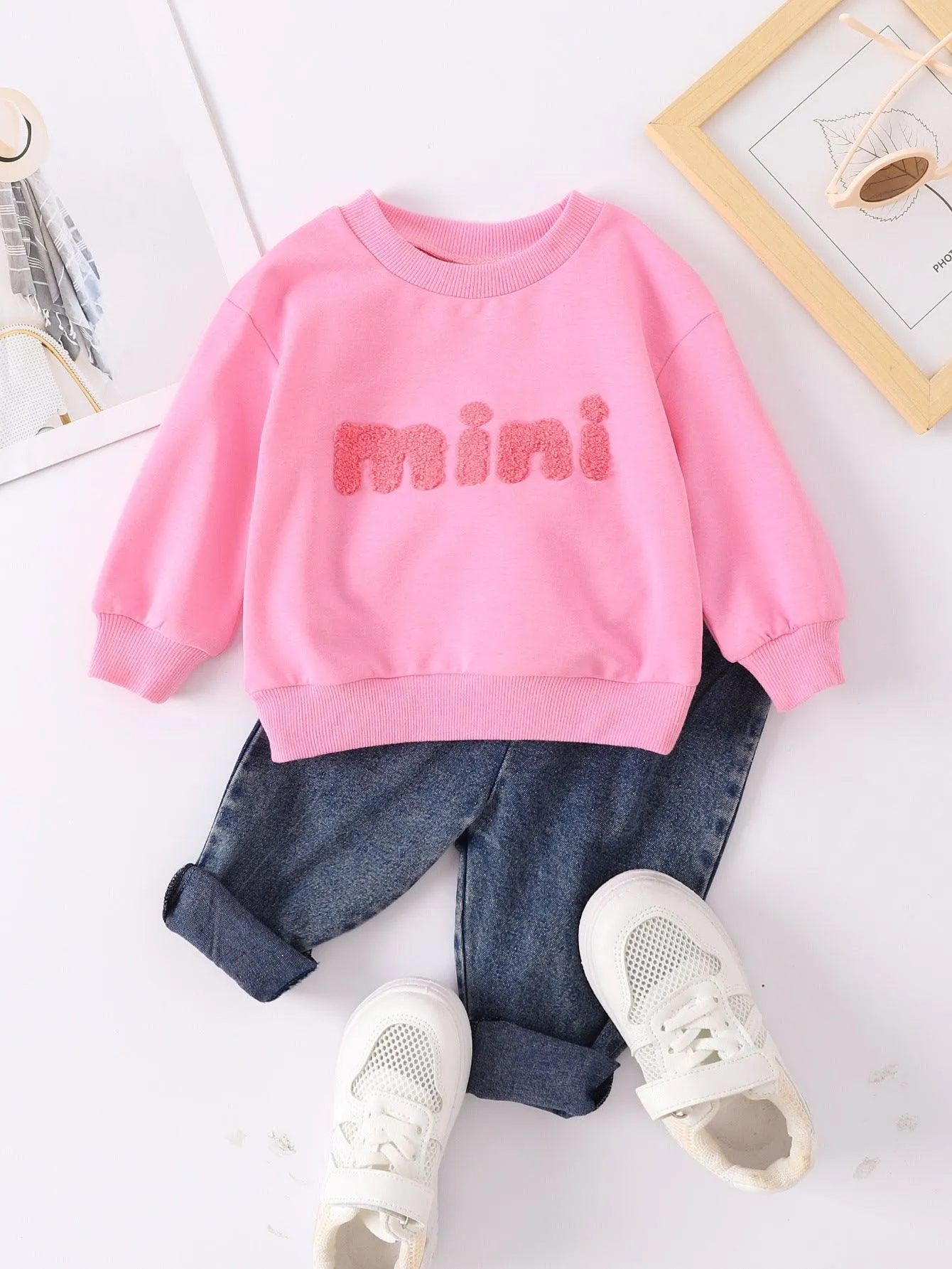 Boys And Girls Casual Letter Print Pullover Sweater Jeans Two-piece Set