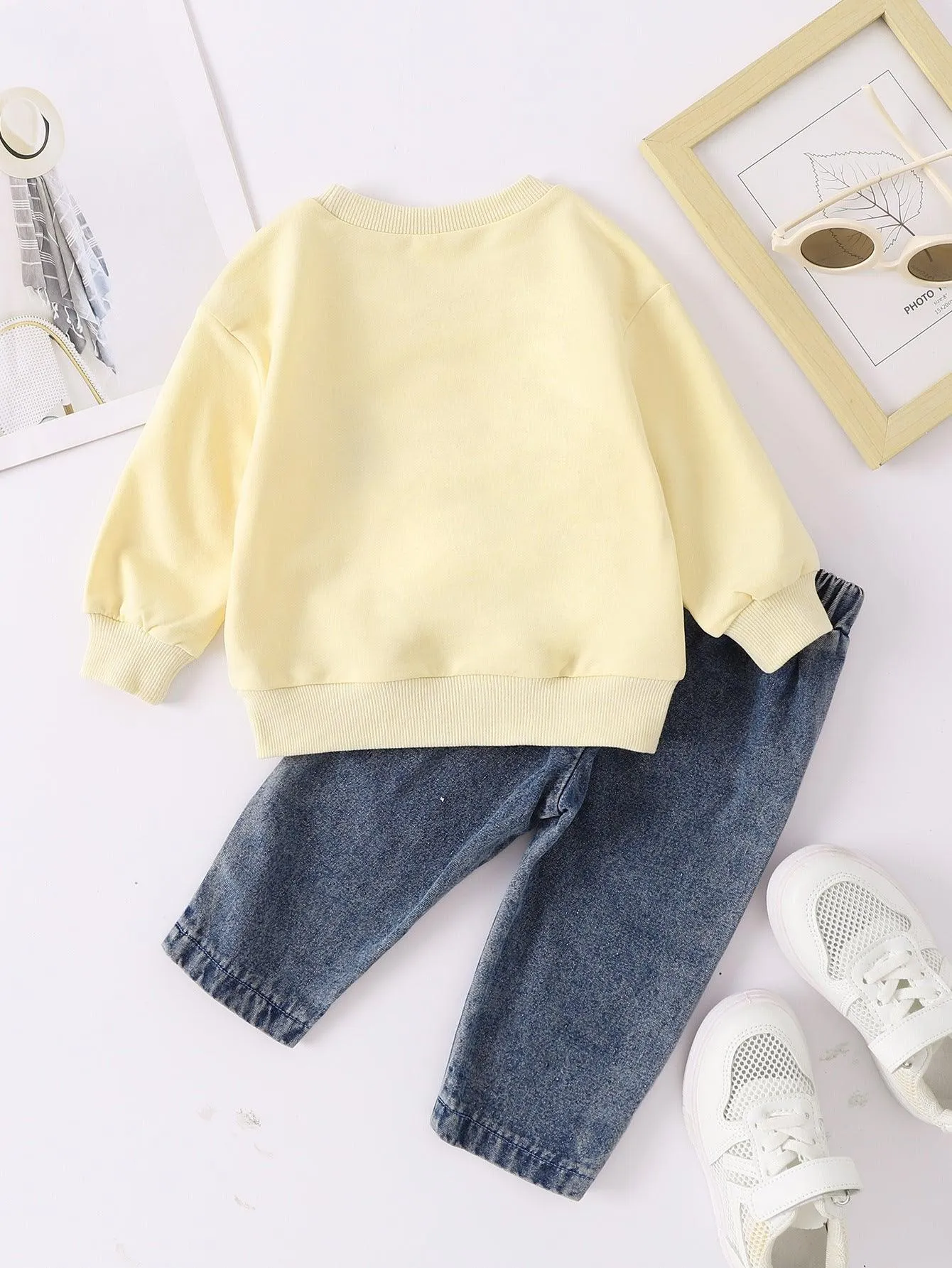 Boys And Girls Casual Letter Print Pullover Sweater Jeans Two-piece Set
